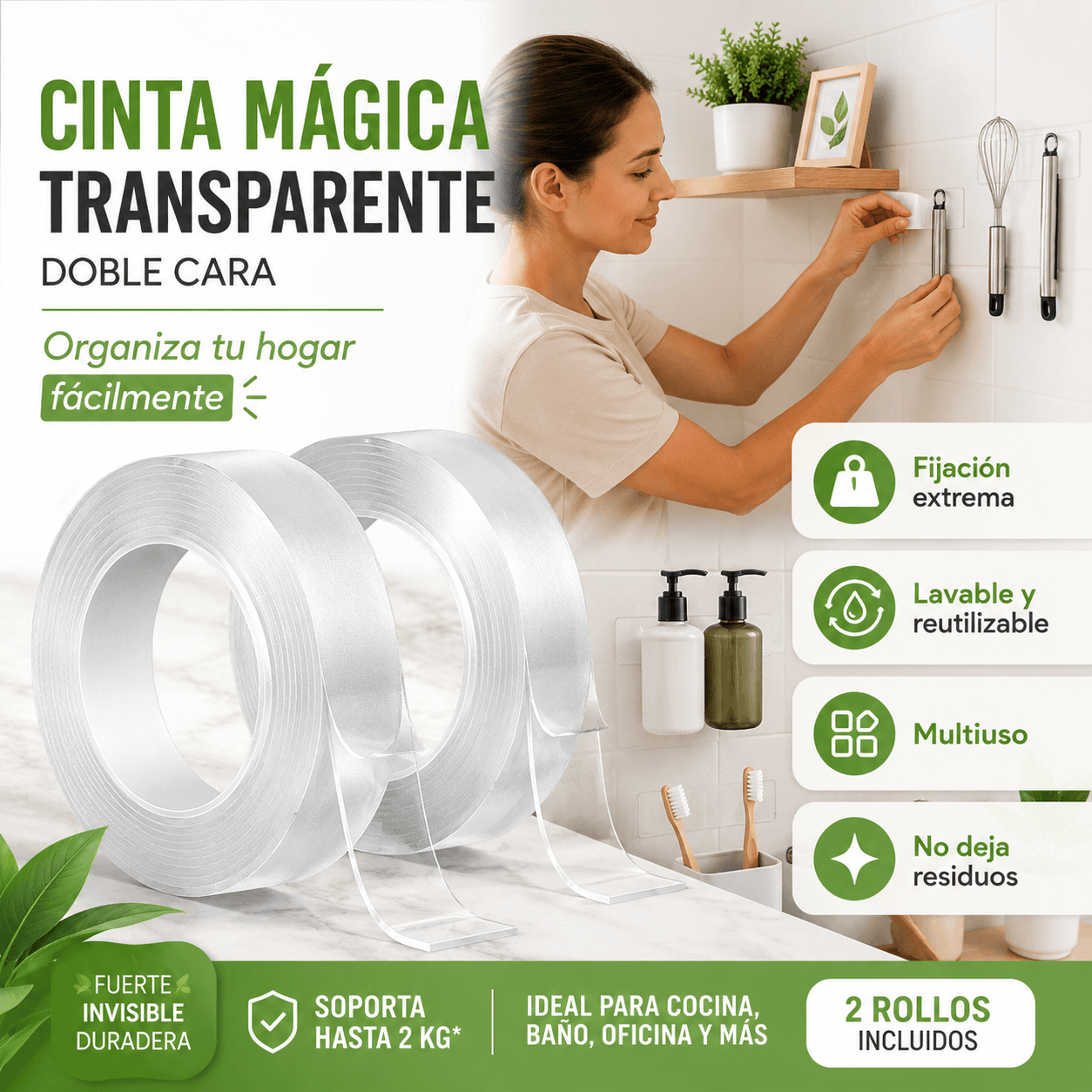 Cinta Doble Faz Mágica Adhesiva Reutilizable — Oferta 2x1
