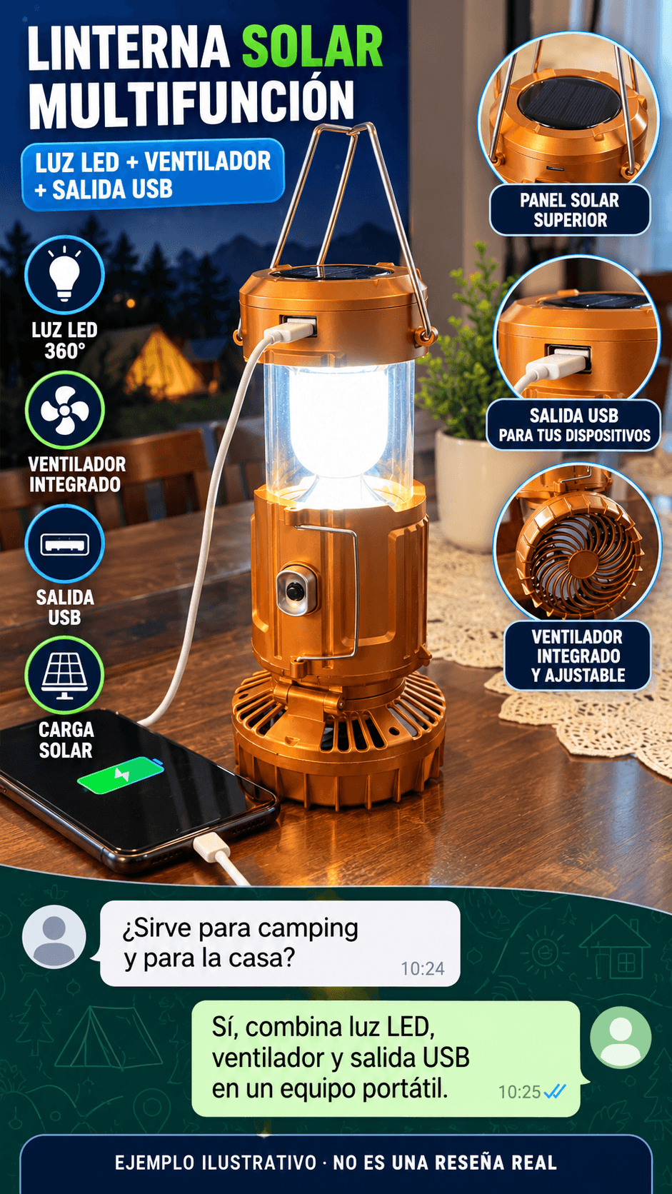Ventiluz Solar Emergencias™ 3 en 1 | Linterna LED, Ventilador y Cargador USB