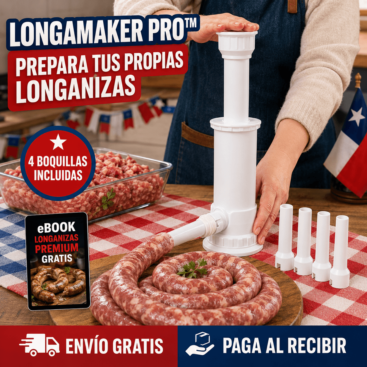 LongaMaker Pro™ | Embutidora Manual + 4 Boquillas