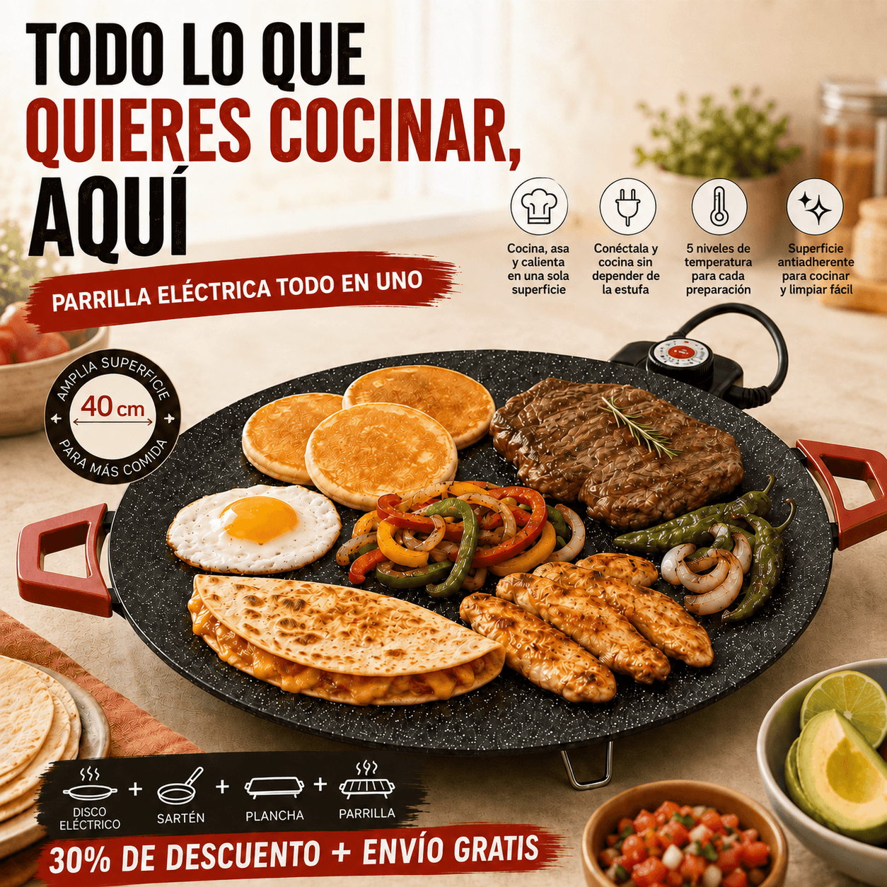 Parrilla Eléctrica MultiCook™Comal + plancha + parrilla en una sola superficie