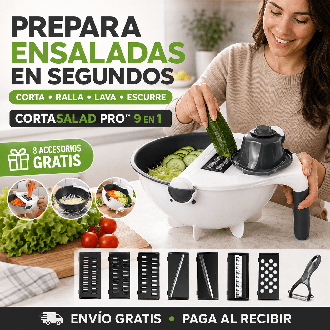 CortaSalad Pro™ 9 en 1 | Corta, Ralla, Lava y Escurre + 8 Accesorios GRATIS