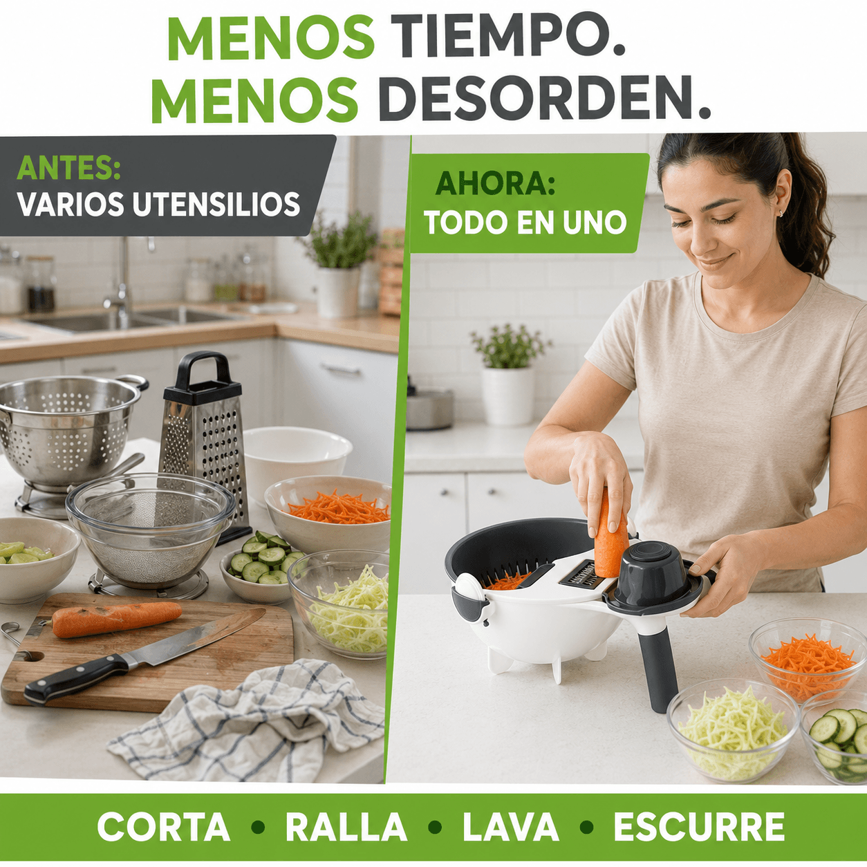 CortaSalad Pro™ 9 en 1 | Corta, Ralla, Lava y Escurre + 8 Accesorios GRATIS