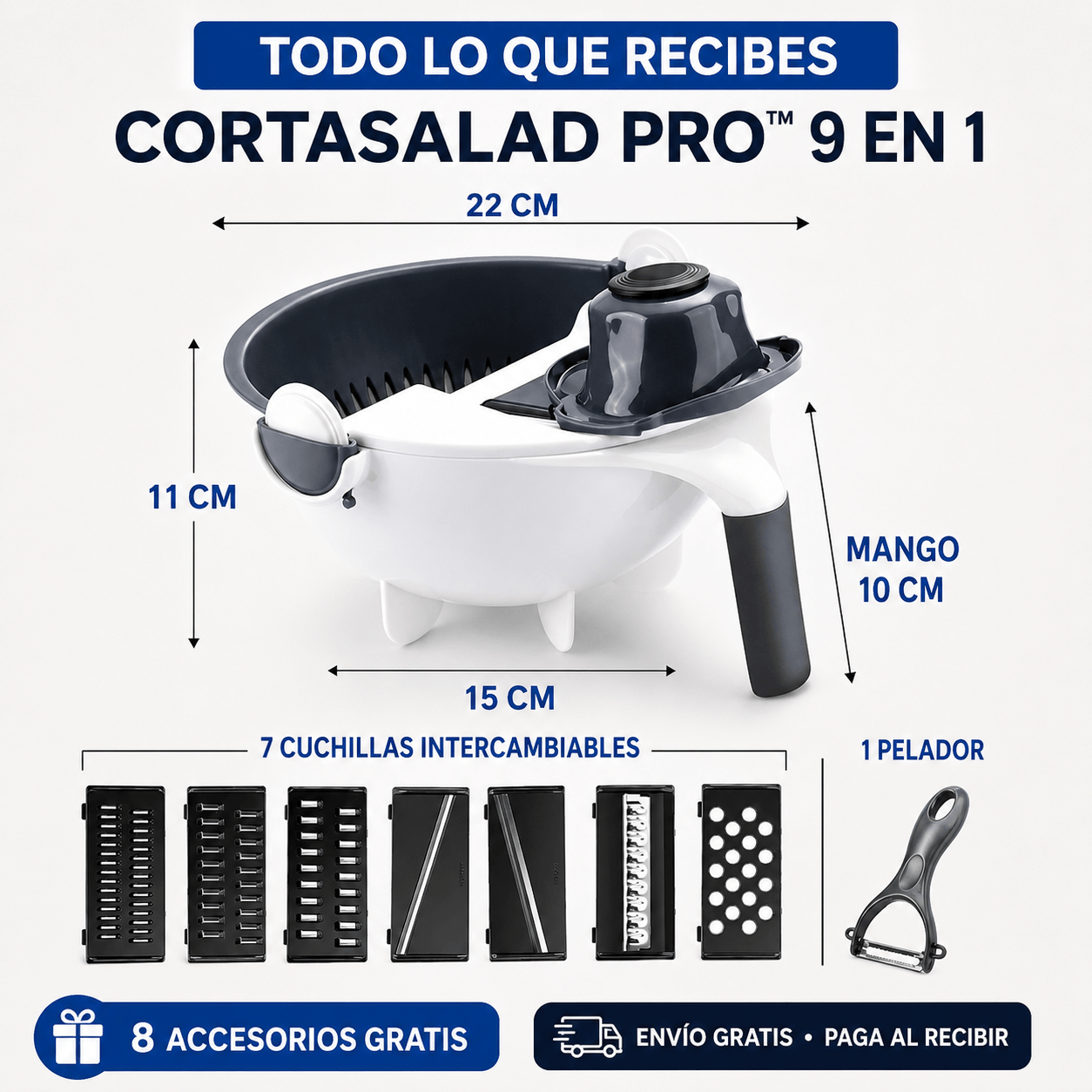 CortaSalad Pro™ 9 en 1 | Corta, Ralla, Lava y Escurre + 8 Accesorios GRATIS