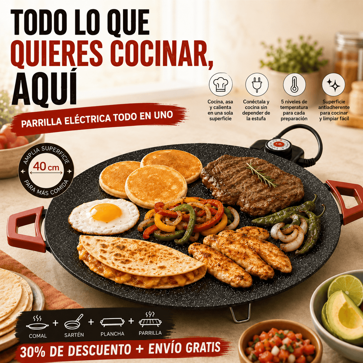 Parrilla Eléctrica MultiCook™Comal + plancha + parrilla en una sola superficie