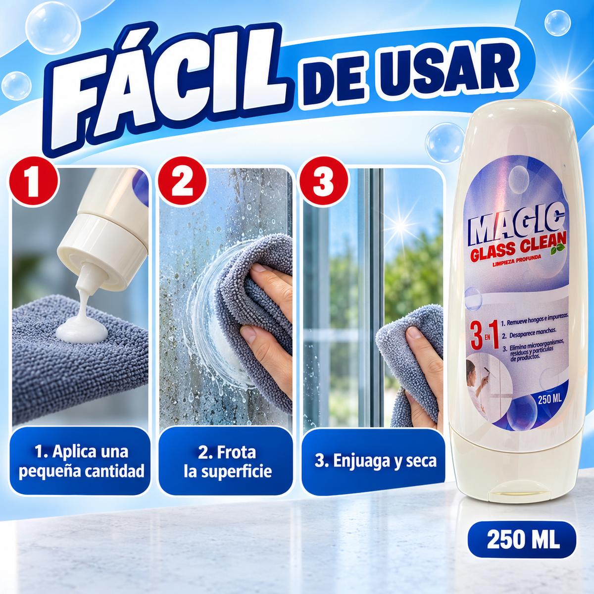 Magic Glass™ 3 en 1 | Limpia Vidrios, Ayuda a Remover Sarro y Recupera el Brillo