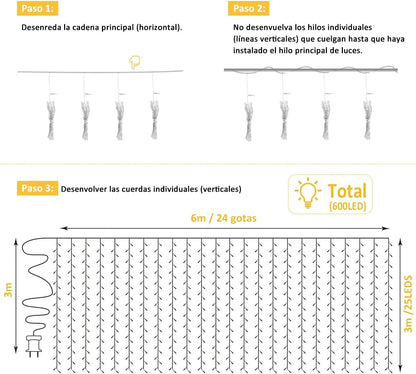 FestiveGlow™ 💡SERIE DE LUCES LED TIPO CORTINA 3X3 METROS 🎁 (300 FOCOS - 8 MODOS DE ILUMINACION)