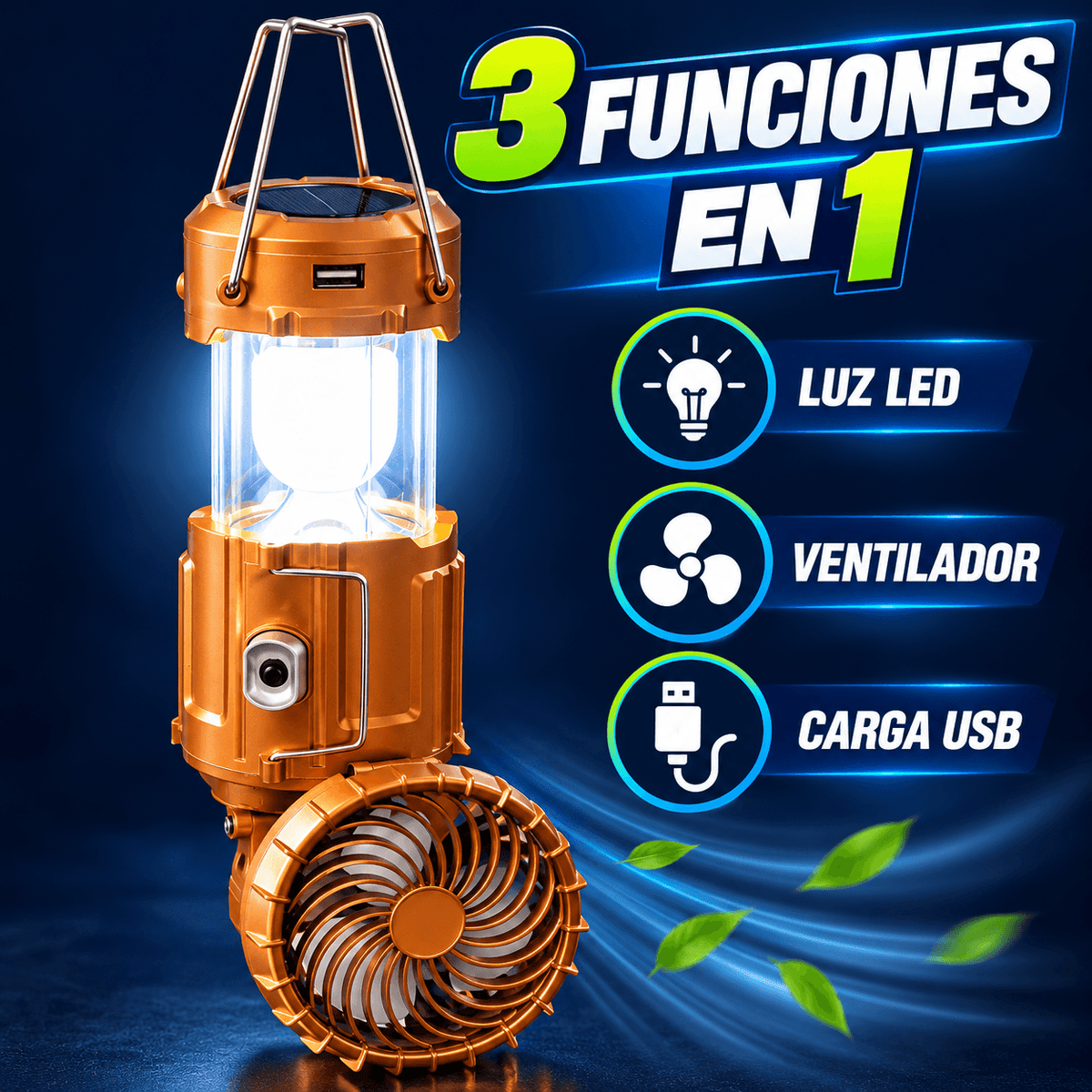 Ventiluz Solar Emergencias™ 3 en 1 | Linterna LED, Ventilador y Cargador USB