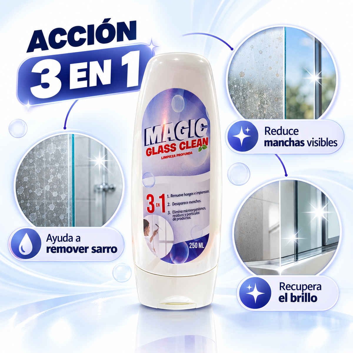 Magic Glass™ 3 en 1 | Limpia Vidrios, Ayuda a Remover Sarro y Recupera el Brillo